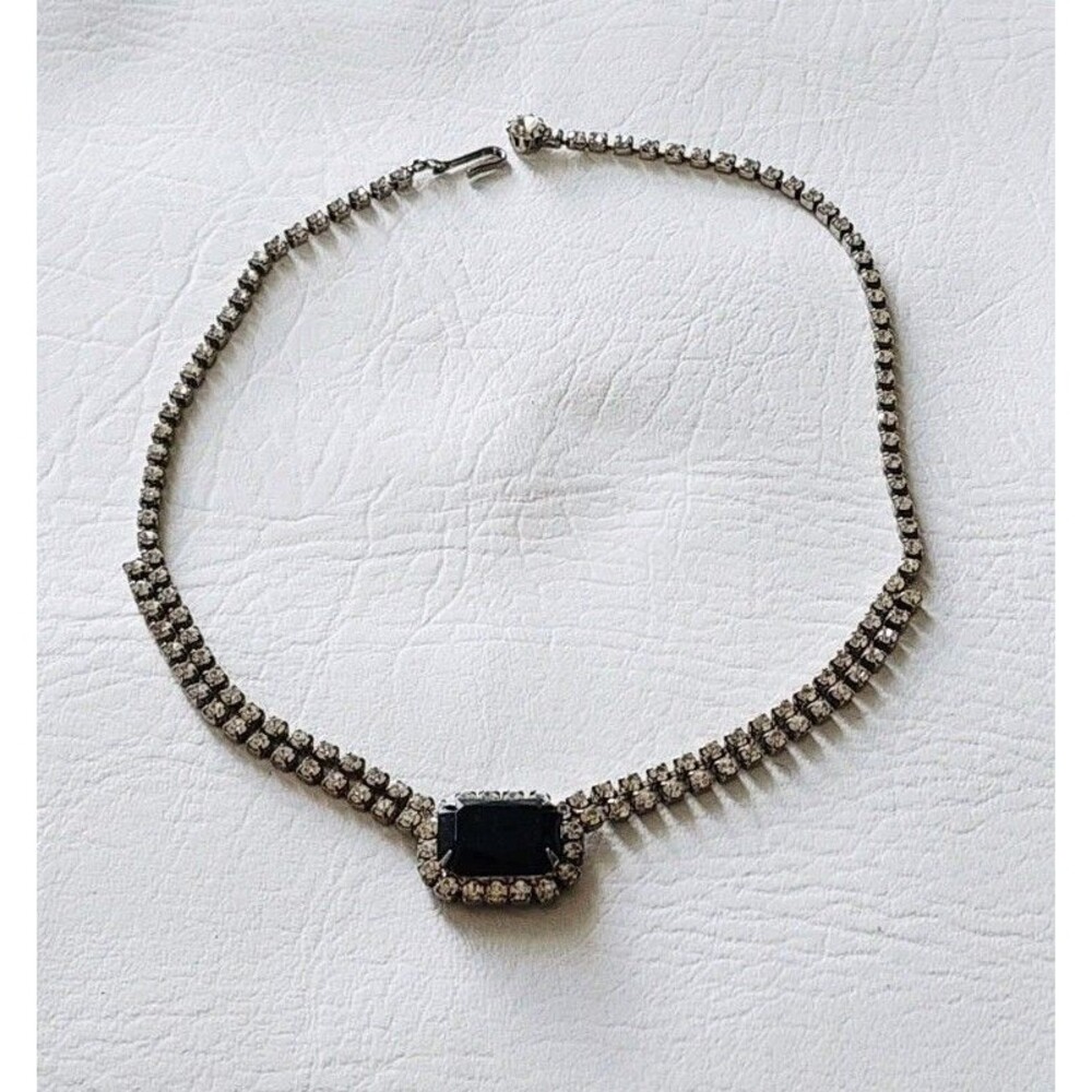1950's Black and Clear Rhinestone Necklace Front Double Strand 16"